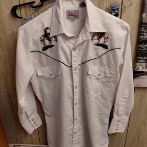 Vintage Ely Diamond Shirt Mens Small White Pearl Snap Sawtooth Cowboy Western